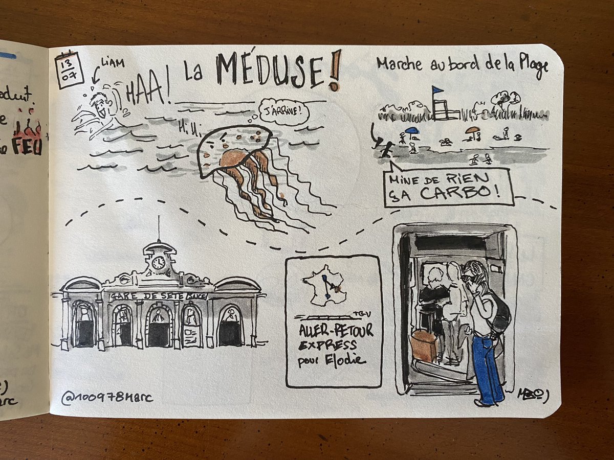 Journée du 13 : attaque de la méduse et visite de la gare de #sète #sketchnote de vacances #meduse #carnetdevoyage #travelnotebook #todaysdoodle #sketch