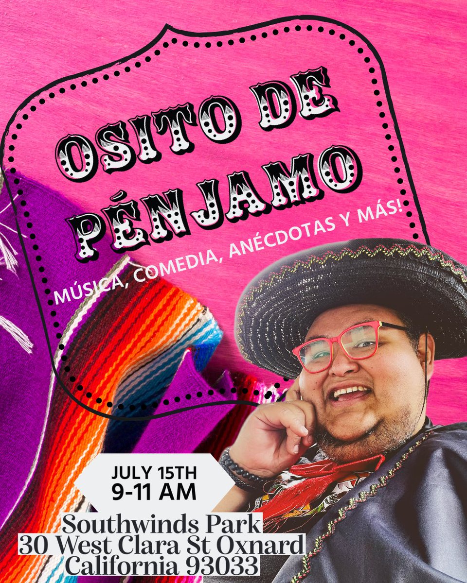 Amigos ositos del área de Ventura, Oxnard, Camarillo y Santa Paula, California. Estaré con mi show en el Southwind Park de Oxnard a partir de las 9 de la mañana. 

Estrenaré mi nuevo hit: “Le Cucarache” es la canción de la cucaracha en lenguaje inclusivo no binario 😂😂😂