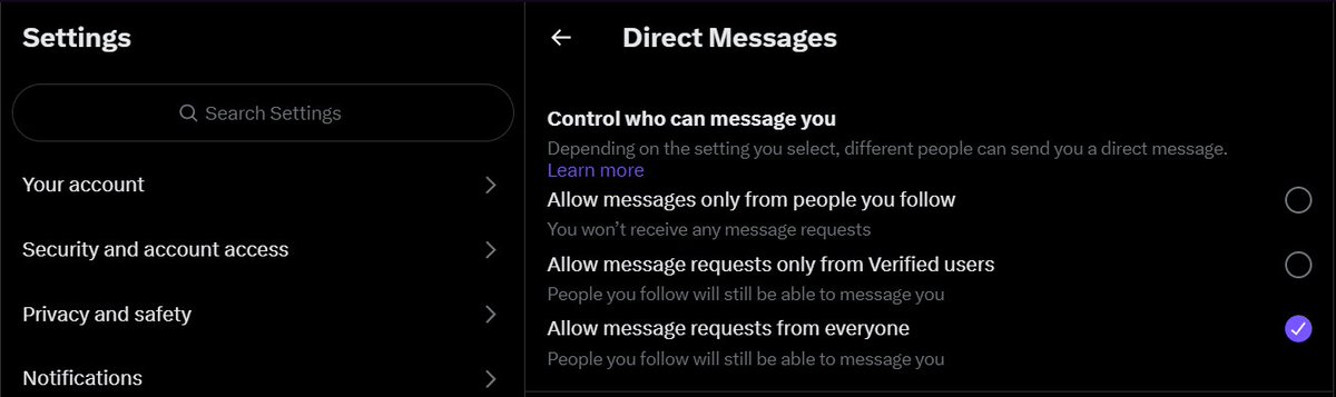 hey just so y'all know, it looks like twitter is rolling out it's dumb only letting twitter blue ppl message you thing, but you can disable it by going into your privacy settings and going to the direct messages setting to turn it off