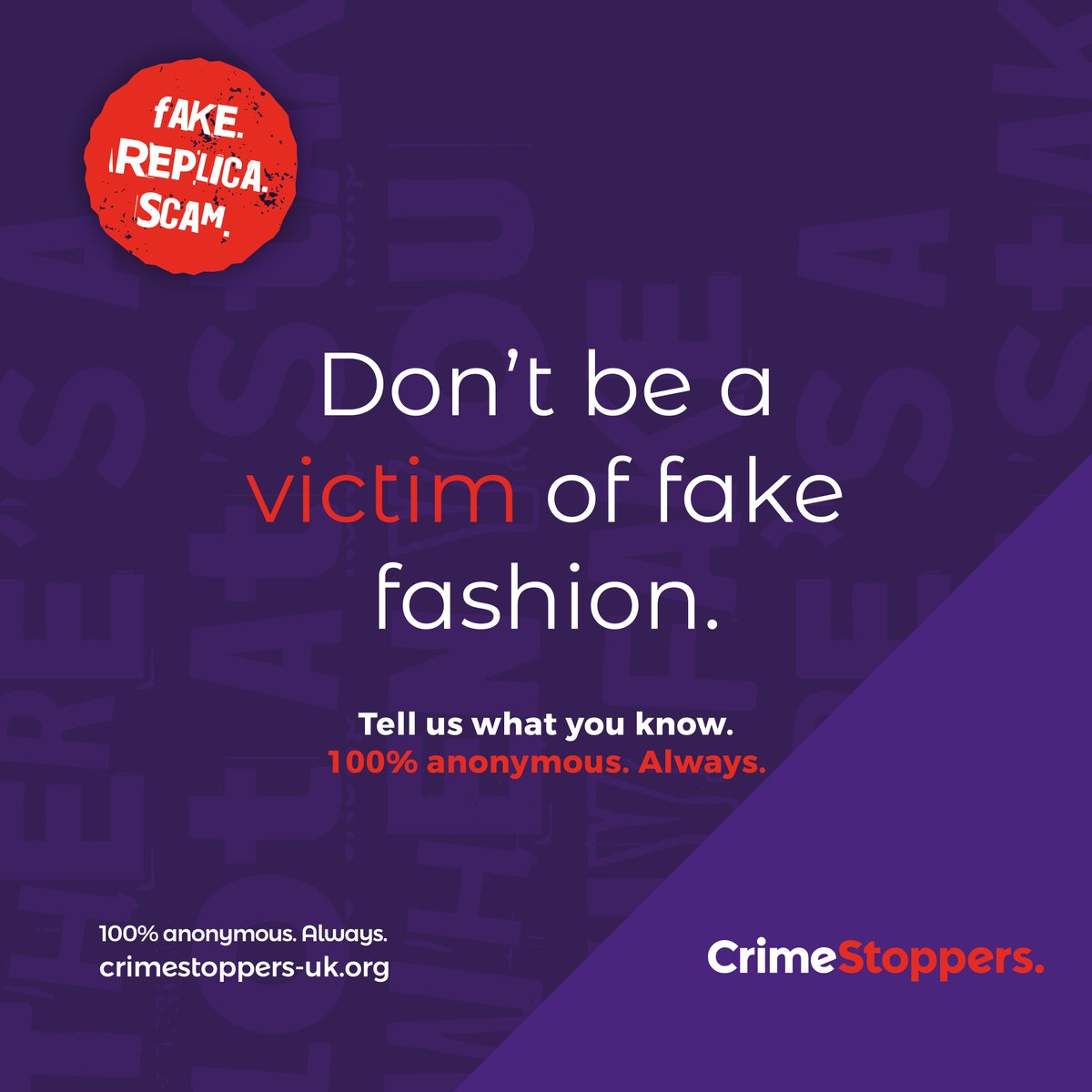 IPO Counter-Infringement (@ipoenforcement) on Twitter photo Tempted to get your favourite brand at a fraction of the cost from an unofficial store?
You might think you’re saving money, but fake fashion hurts your wallet in the long term.
Got info about fake products? 
Speak to <a href="/CrimestoppersUK/">Crimestoppers</a> 100% anonymously: bit.ly/FakeGoodsCS Tempted to get your favourite brand at a fraction of the cost from an unofficial store?
You might think you’re saving money, but fake fashion hurts your wallet in the long term.
Got info about fake products? 
Speak to <a href="/CrimestoppersUK/">Crimestoppers</a> 100% anonymously: bit.ly/FakeGoodsCS