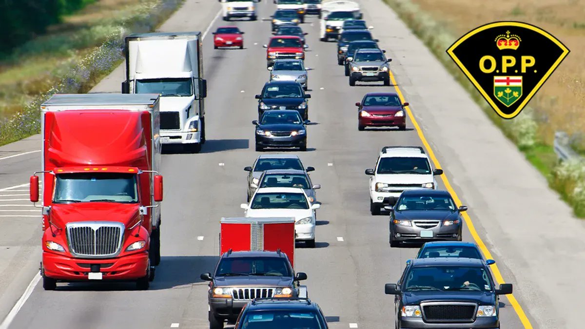 OPPCommissioner's tweet photo. #OperationSafeDriver week stresses to all drivers the importance of sharing the road safely when travelling in and around large commercial vehicles. If you see a dangerous driver, when it is safe to do so, call the OPP Provincial Communications Centre toll-free at 1-888-310-1122. https://t.co/gX4VzJpeX7