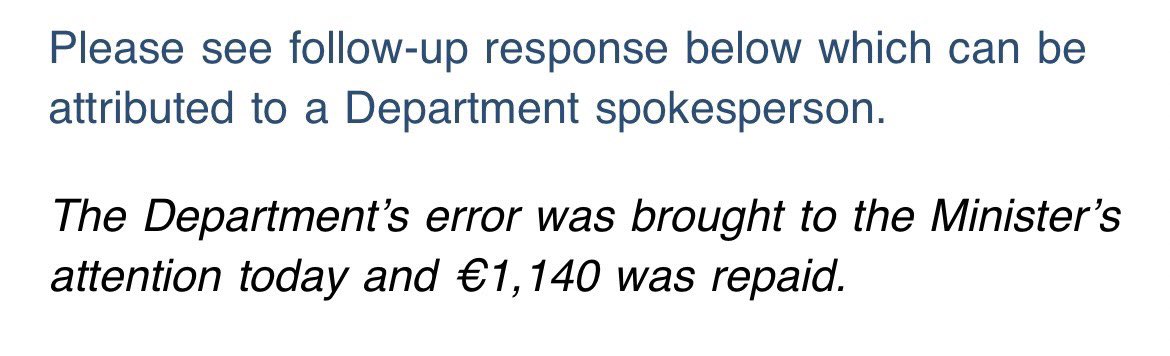Update to our earlier story ⬇️. A spokesperson for Catherine Martin’s department confirmed last night that she has repaid €1,140 worth of ministerial mileage expenses.