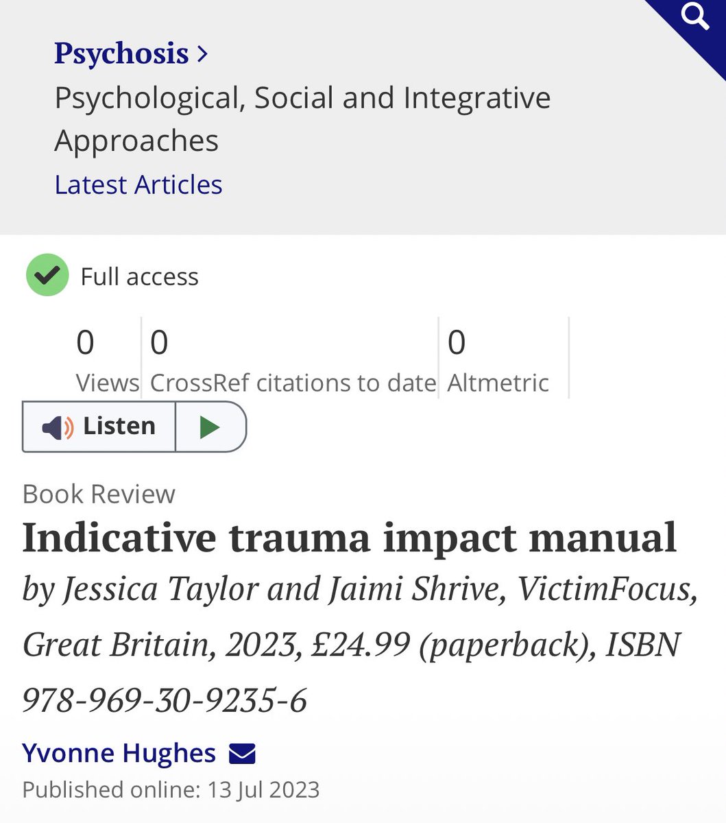 DrJessTaylor's tweet photo. A brilliant review of our ITIM has been published in ‘Psychosis’ this week. 

@Jaimi_Shrive and I are both delighted by this academic review of our manual. 

We worked so hard on this book, and to see it being understood and recognised like this is wonderful @Victim_Focus https://t.co/DxIvxAF7In