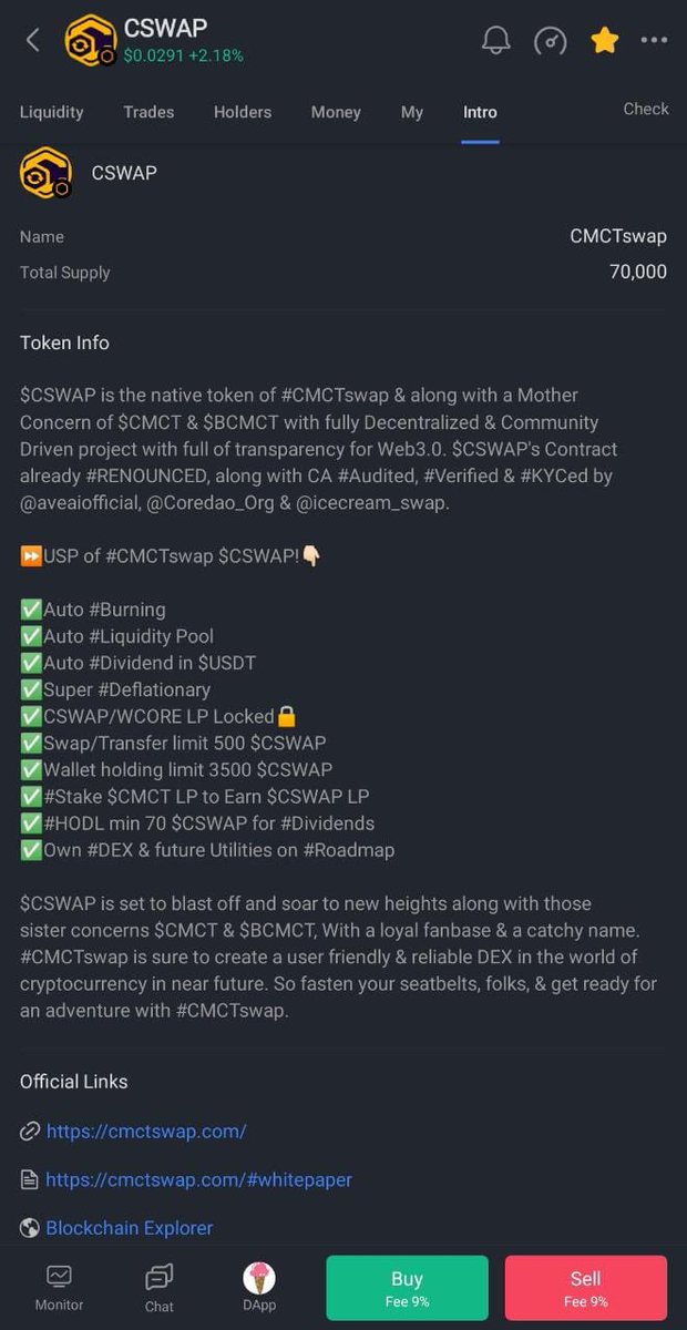 cryptobrass's tweet photo. 🎉 $CSWAP => #HoldToEarn super #Deflationary tokenomics, built on $CORE 🌝, You are still early, don't miss the chance😳, fill your bags💰, before it's gone more Higher🚀.
📲TG: "https://t.co/NOTpUArbDg"
✅CA #Audited at @aveaiofficial
✅CA #KYCed at @icecream_swap
✅CA #Verified at @Coredao_Org
✅#BiggestBuy Competition running
✅Farming/Staking pool already lived
✅CSWAP/WCORE #LP Locked
✅Swap/Transfer limit 500 $CSWAP
✅Wallet Holding limit 3500 $CSWAP
✅#Farm $CMCT LP to Earn $CSWAP LP
✅#HODL min 70 $CSWAP for #Dividends
✅Own #DEX & future Utilities on #Roadmap
⏩CA: "https://t.co/ghT98rO4Yi"
❇️So What are you waiting for⁉️Load up your bags with $CSWAP & #HoldToEarn auto #Dividends in $USDT💸
⏩BUY: "https://t.co/s7WcINJDaC"
#CMCTswap #CSWAP #CoinMarketCart #CMCT #StakeToEarn #BabyCMCT #BCMCT #STAKE #ICELP #LiquidityFarms #LiquidityPool #LiquidityLocked #CORE #CoreDao_Org #CoreDAO #RoadTo100 #BTC #BNB