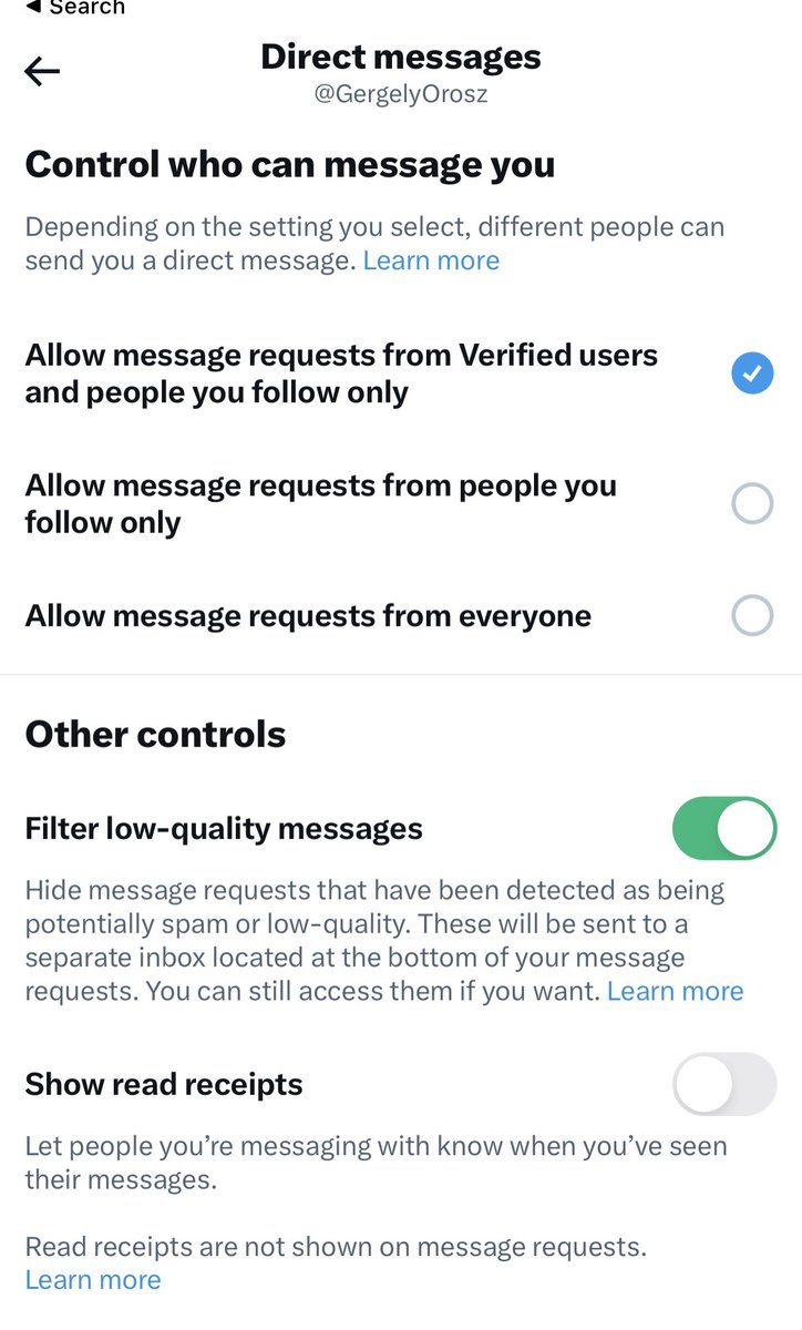 WTF Twitter.

I started to see little to no DMs: and I keep my DMs open at all times, on purpose.

Twitter SILENTLY changed my (maybe everyone’s?) settings to only allow messages from only people I follow + verified users.

Go to Settings -&gt; Privacy and safety -&gt; DMs to change it