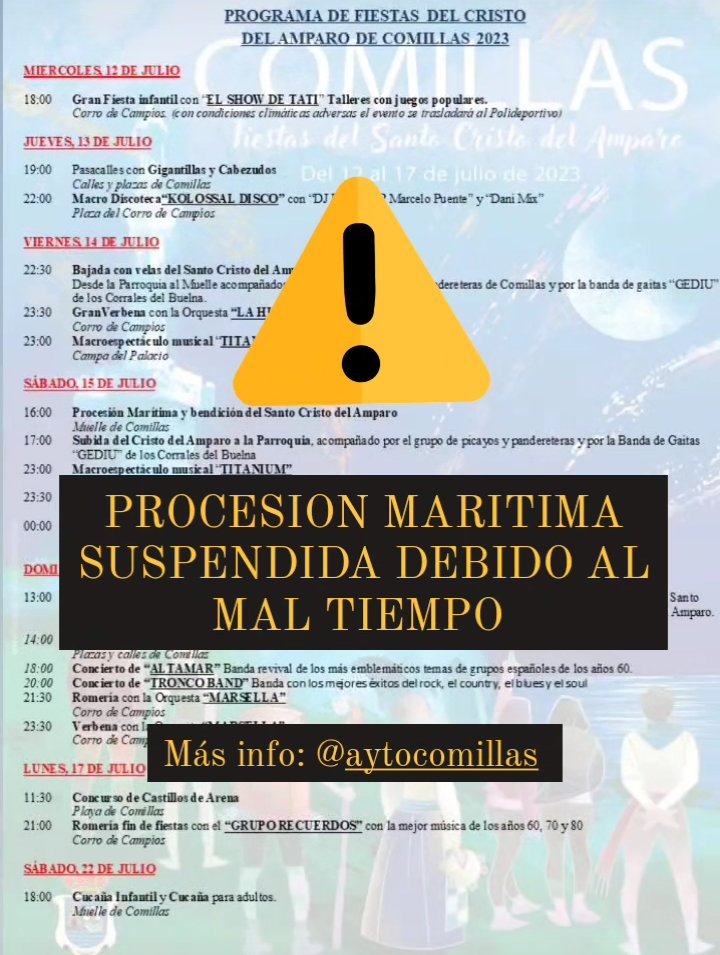 ComillasTurismo's tweet photo. @Labaru_Cantabru @cant_infinita @CantabriaOnline @JAVIERCASTRO96 @MarianLiano155 @luisfernandez @afca_es @NochedeRock @CantabriaTurism @ConoceCantabri AVISO. Debido al mal tiempo la procesión marítima de hoy, sábado, se suspende.

#ComillasEnFiestas #ContigoEnComillas https://t.co/3XEibEocwJ