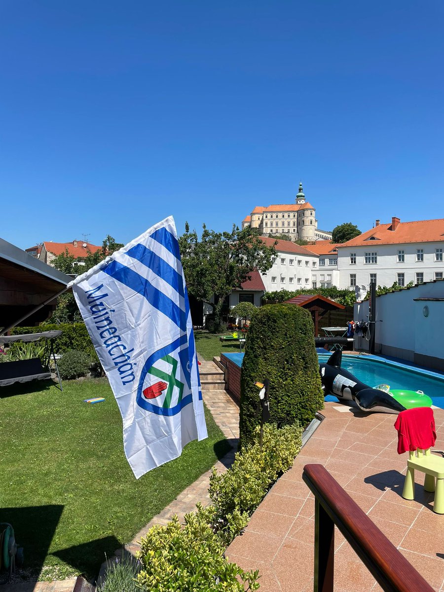 The Monaghan flag flying high in Mikulov, Czech Republic ahead of the big game! #GAA #farneyarmy ⚪️💙