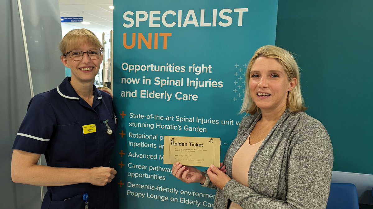 🎉 We've handed out our first Golden Ticket of the morning at our Recruitment Day! It goes to Kirsty Edgington, a student from @FhscChester, who will be joining us as a Registered Nurse on Sheldon, our Care of the Elderly Ward! #TeamRJAH