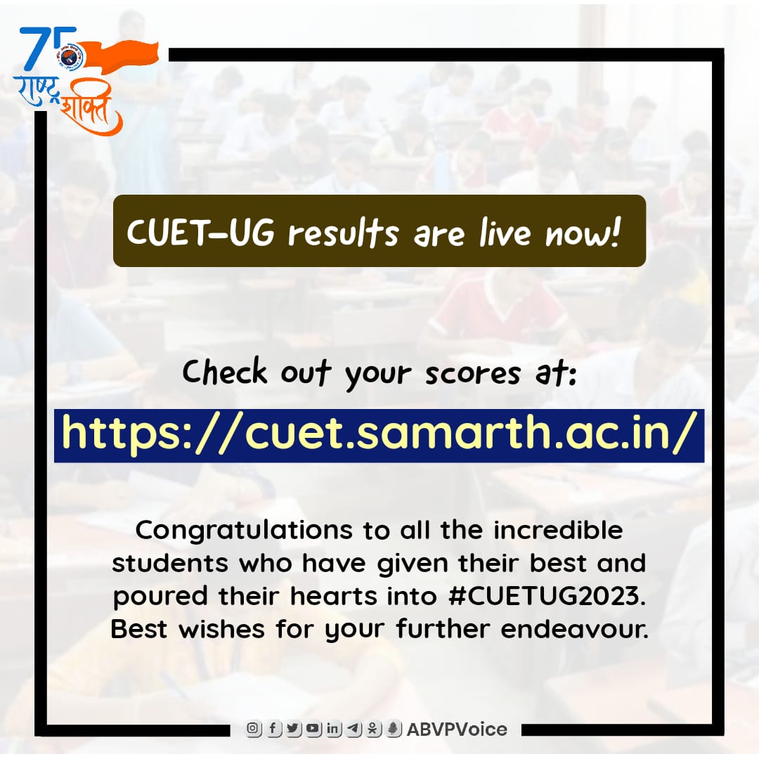 CUET-UG results are live now! 📣
Check out your scores at cuet.samarth.ac.in and discover the fruits of your hard work. 

Congratulations to all the incredible students who have given their best and poured their hearts into #CUETUG2023.Best wishes for your further endeavour.