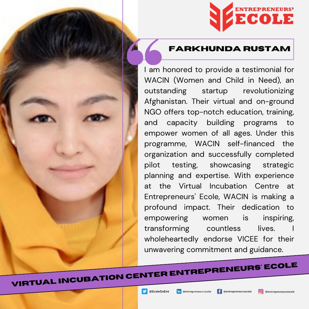 EcoleDeEnt's tweet photo. We are delighted to introduce Farkhunda Rustam from Kabul, #Afghanistan, as one of our esteemed incubatees for the 2023 intake at Entrepreneurs' Ecole.
#VICEE #Incubatee #Virtual #Incubation #Startup #Entrepreneurs #Entrepreneurship #EntrepreneursEcole #Global https://t.co/K72Wy9niG1