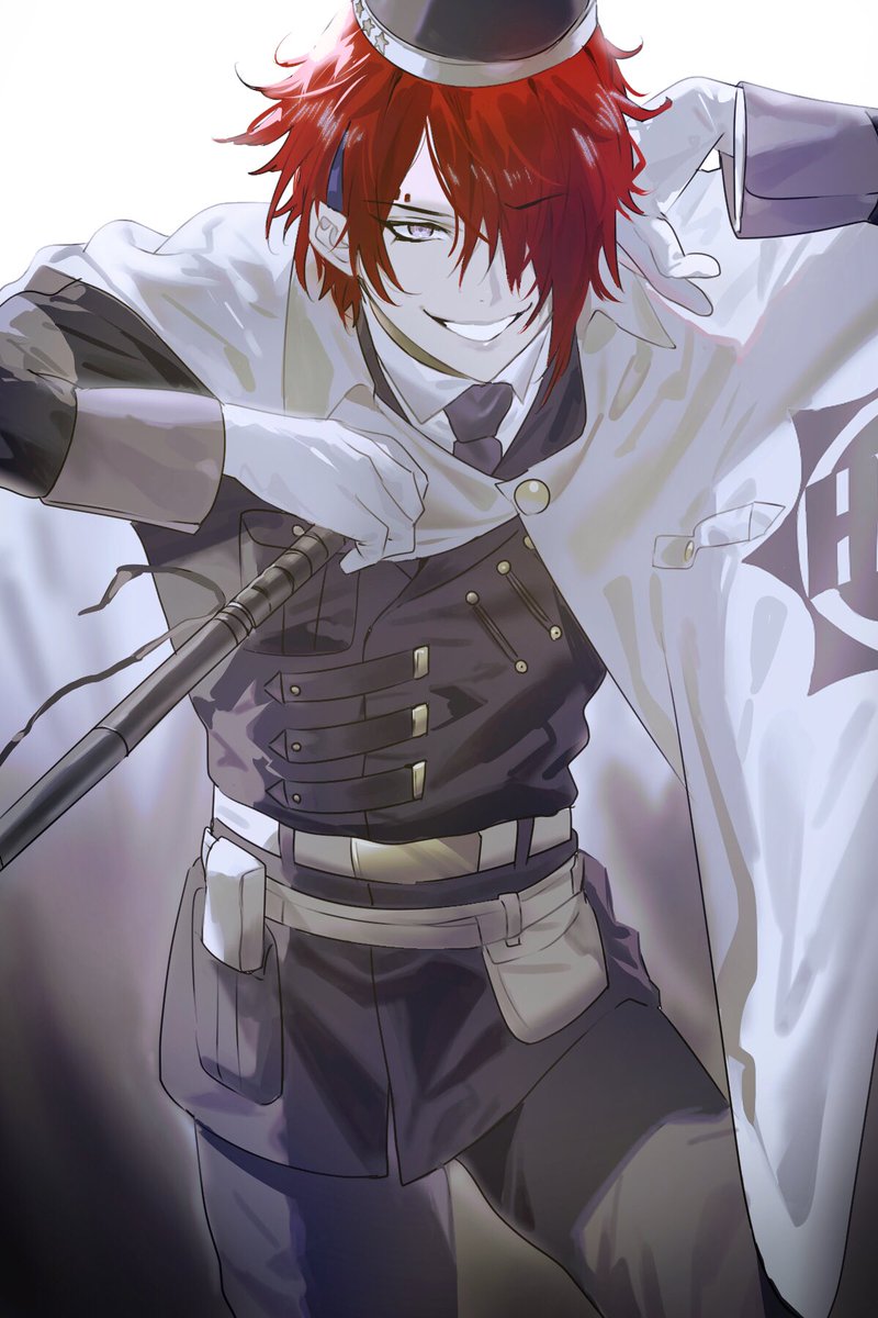 red hair 1boy male focus solo white cape smile hat  illustration images