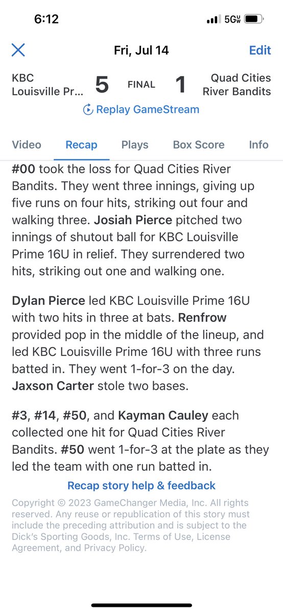 On the Bump in game 2 Gehrig Galvin Aiden Bratcher and Josiah Pierce combine 7IP allowing 4H 1ER 5Ks. It was a Great dominating pitching performance by this Trio!! Next game tomorrow at 6pm.