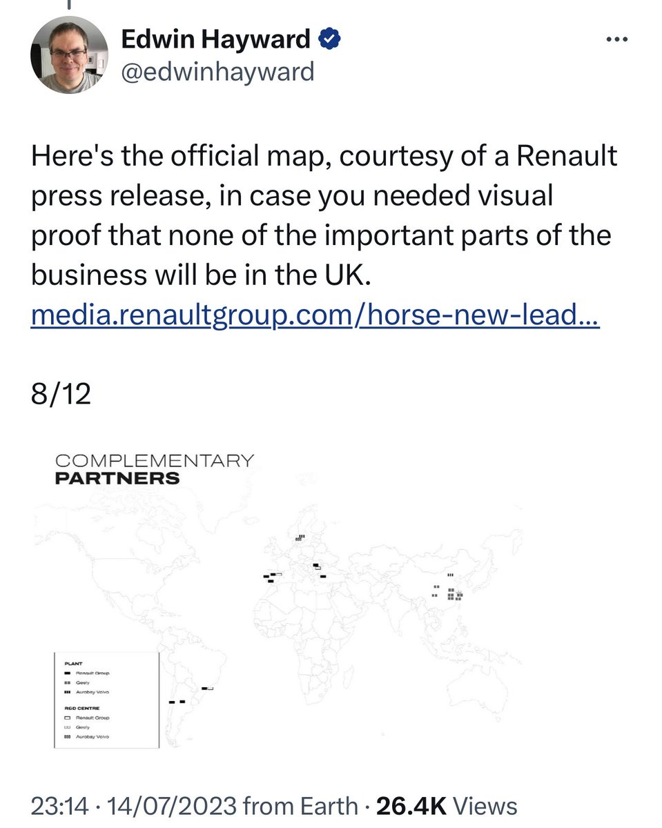 We return to the misleading quotes from <a href="/LiamFox/">Sir Liam Fox</a> Penny Mordaunt et al, re Renault-Geely.
FACTS from Renault &amp; Geely are 
17 engine factories based Europe, South America &amp; China NOT UK
5 R&amp;D hubs in China,Sweden, 3rd in mainland Europe, again NOT in UK

TY <a href="/edwinhayward/">Edwin Hayward</a> for