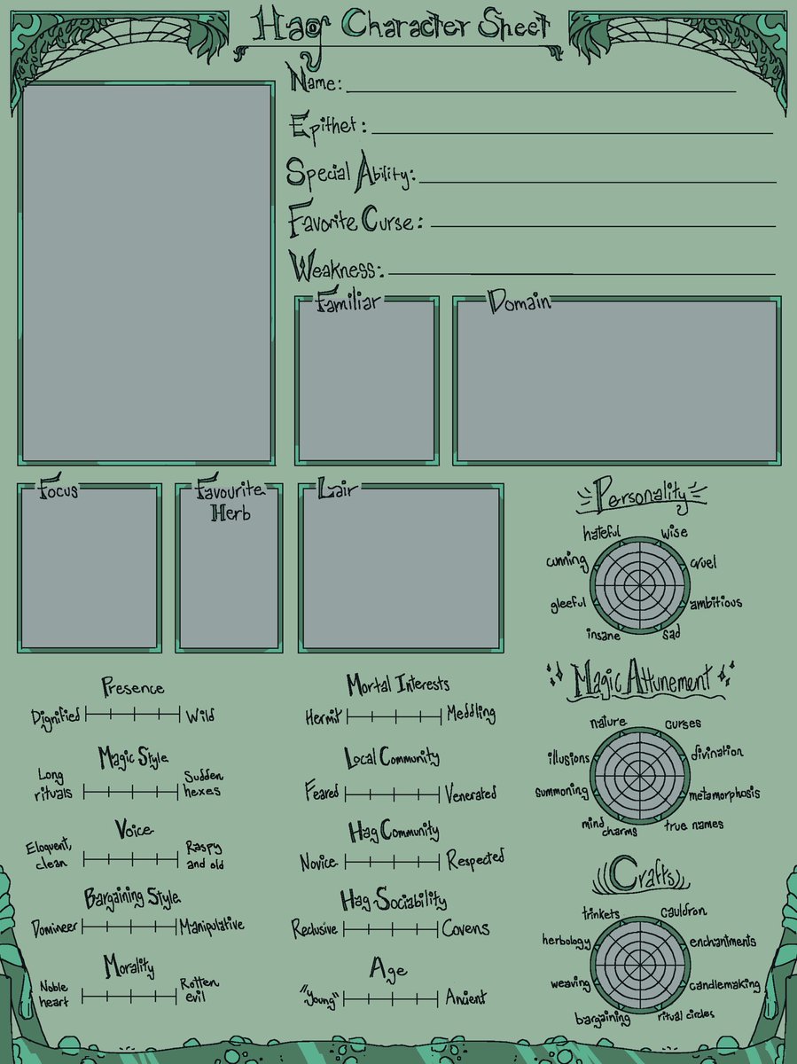 The_Aeln's tweet photo. Lady Laurel! Hag character sheet made by me, inspired by @Master_eh's cool creation sheets :) Feel free to make your own hag, make sure to tag me :D https://t.co/grmeEk1xcr
