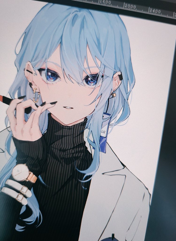 hoshimachi suisei 1girl solo earrings blue hair blue eyes jewelry turtleneck  illustration images