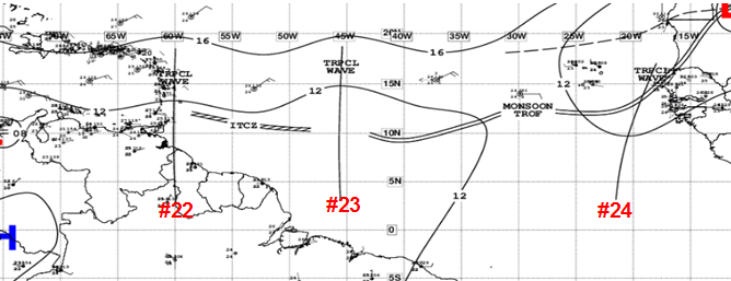 claudio_mj's tweet photo. 🧿Dato Tropical🧿
#OT22 sobre las Islas de Barlovento, convección moderada y dispersa .
#OT23 Atlántico central, aire seco del Sahara ha envuelto la onda y ninguna convección
#OT24 Sobre las costas de África, El paso del dispersómetro muestra vientos moderados a fuertes al sur. https://t.co/4yaxHzMD5E