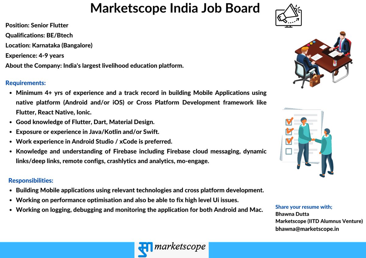 Job Alert !
We are currently looking for a Senior Flutter for India's largest livelihood education platform.

Experience: 4-9 Years
Location: Karnataka(Bangalore)

#jobalerts #jobopportunities #flutterjobs #developerjobs #hiring #experience #itjobs #bangalorejobs