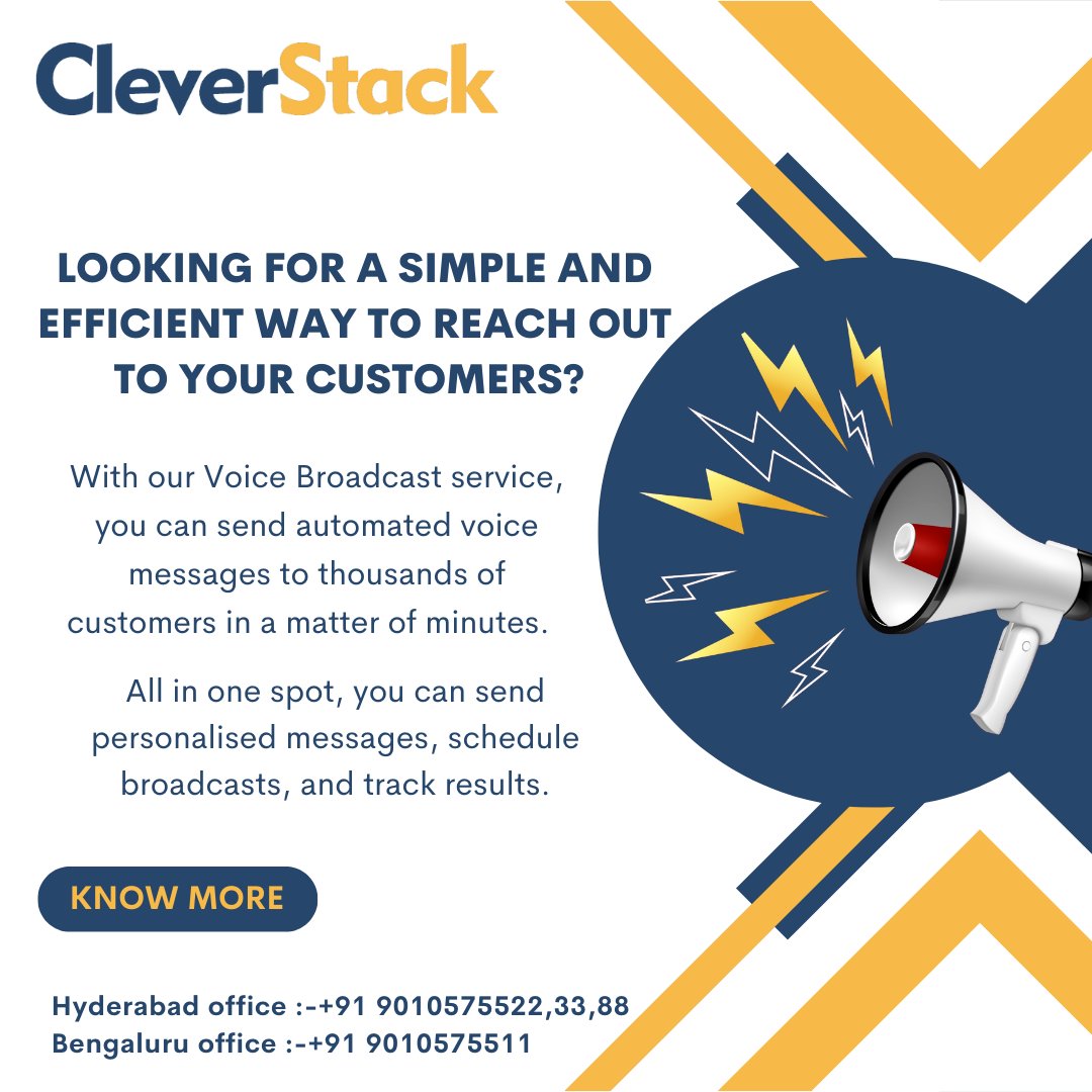 clever_stack's tweet image. Get started now and reap the benefits of our Voice Broadcast system today! 
cleverstack.in
Hyderabad office:+91 9010575522,33,88 | Bengaluru office:+91 9010575511
#technodreams #cleverstack 
#voicebroadcast #broadcasting #IVRSolutions #voicesms #bulkvoicecall #voicecall