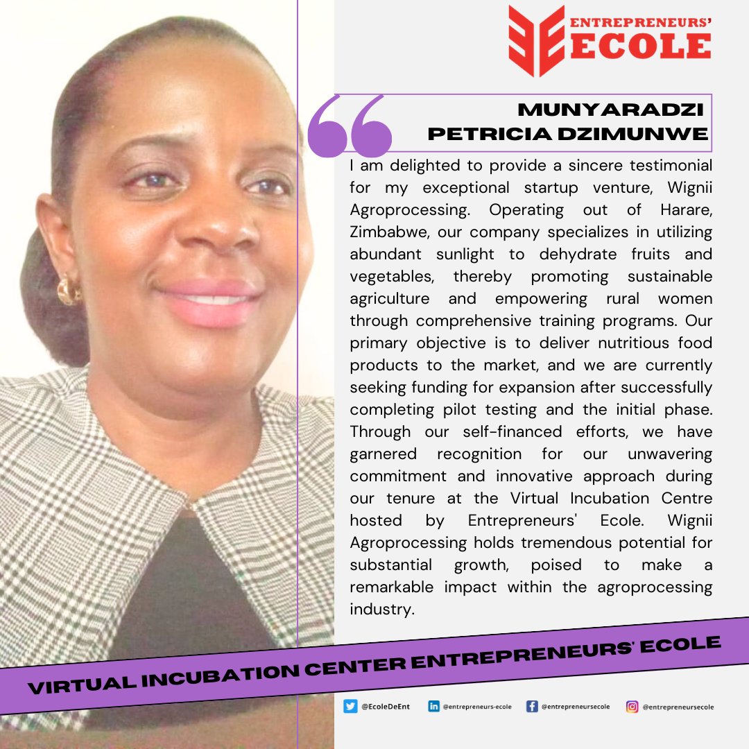 EcoleDeEnt's tweet photo. We are delighted to introduce Munyaradzi Petricia Dzimunwe from Harare, #Zimbabwe, as one of our esteemed incubatees for the 2023 intake at Entrepreneurs' Ecole.
#VICEE #Incubatee #Virtual #Incubation #Startup #Entrepreneurs #Entrepreneurship #EntrepreneursEcole #Global https://t.co/EBlWPd0ZRq