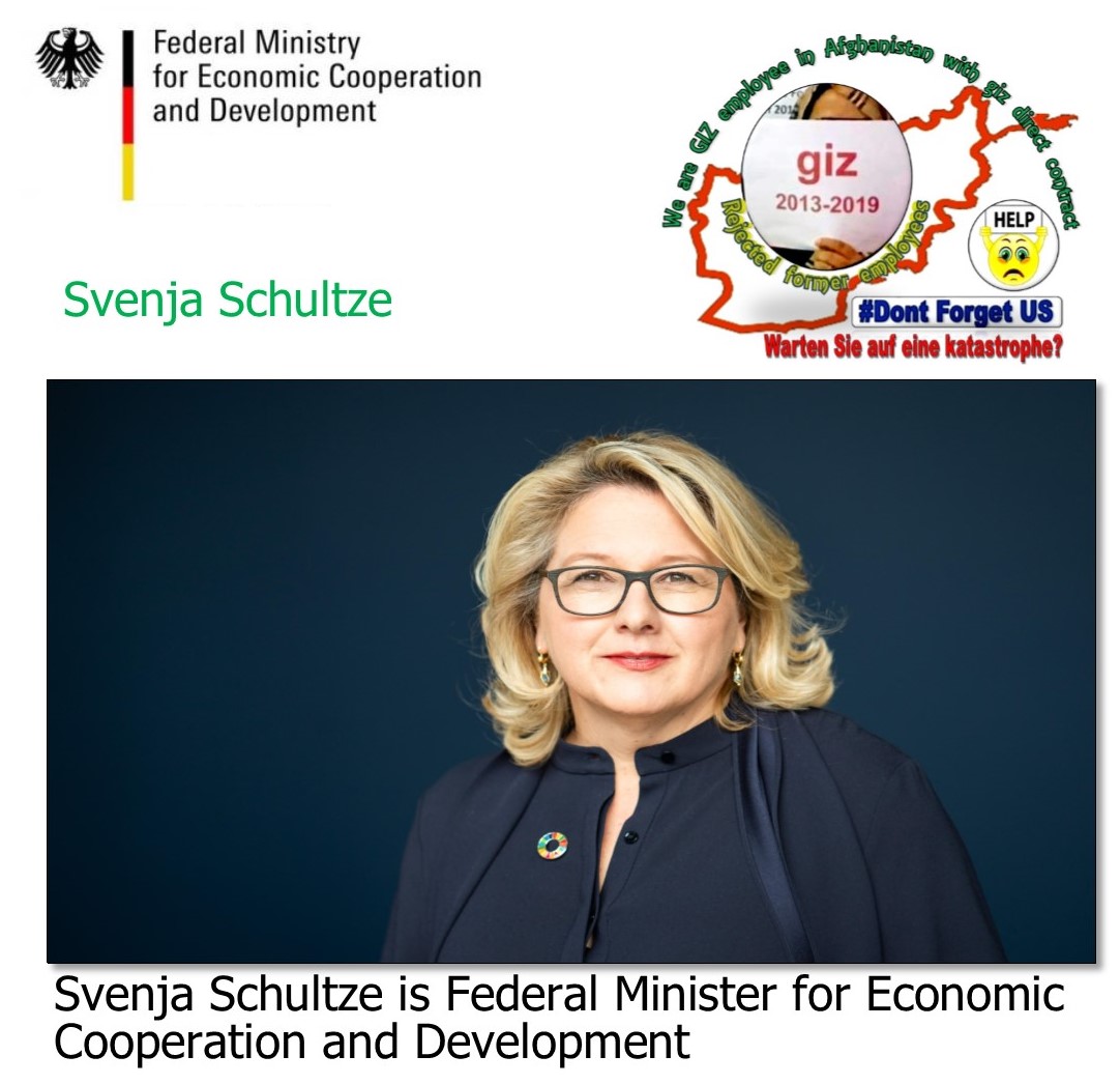 Dear German GOV! Don’t forget GIZ's former staffs who have worked on your projects during the past 20 years. They are living in a tough situation and just waiting for evacuation to Germany as already made promise.
<a href="/SvenjaSchulze68/">Svenja Schulze</a> 
<a href="/ABaerbockArchiv/">Annalena Baerbock</a> 
<a href="/NancyFaeser/">Nancy Faeser</a>
<a href="/UNHumanRights/">UN Human Rights</a>