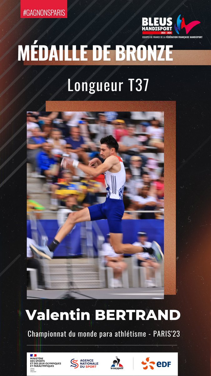 FFHandisport (@ffhandisport) on Twitter photo VALENTIN BERTRAND S'OFFRE LE BRONZE À LA LONGUEUR 🥉
Que d'émotions !! Première médaille mondiale en bronze pour <a href="/valbertrand01/">valentin Bertrand</a> à la longueur. 🌟
Cette médaille représente tout le travail accompli depuis des années. Bravo Valentin 👏
#wpa #PARIS23 VALENTIN BERTRAND S'OFFRE LE BRONZE À LA LONGUEUR 🥉
Que d'émotions !! Première médaille mondiale en bronze pour <a href="/valbertrand01/">valentin Bertrand</a> à la longueur. 🌟
Cette médaille représente tout le travail accompli depuis des années. Bravo Valentin 👏
#wpa #PARIS23