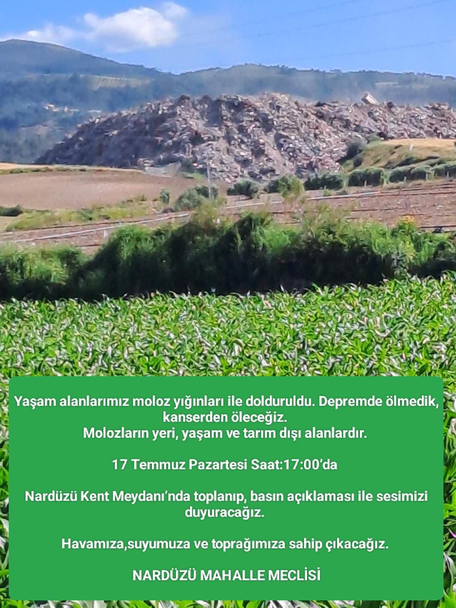 Sağlıklı yaşam hakkı anayasal haktır. 
Deprem afetti öldük; ancak molozlarla insan eliyle tekrar öldürülüyoruz.

Molozlar yaşam alanlarının dışında olmalıdır…

Basın açıklamamıza destek verebilecek herkesi bekleriz.
#nardüzümahallemeclisi