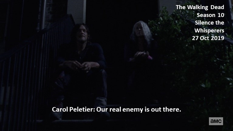 Carol Peletier: Our real enemy is out there.
#TheWalkingDead
Season 10
Silence the Whisperers
27 October 2019
#TWD, #TWDU
Atlanta Camp, Georgia
Former Queen
Atlanta Camp, CDC, Greene Farm, First Prison Siege, Wolf Siege, Chem Plant Massacre & All Out War Survivor
Melissa McBride https://t.co/YmYjQm70qC