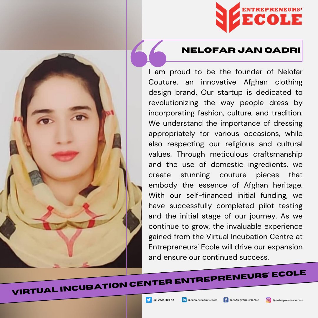 EcoleDeEnt's tweet photo. We are delighted to introduce Nelofar Jan Qadri from Kabul, #Afghanistan, as one of our esteemed incubatees for the 2023 intake at Entrepreneurs' Ecole.
#VICEE #Incubatee #Virtual #Incubation #Startup #Entrepreneurs #Entrepreneurship #EntrepreneursEcole #Global https://t.co/rm0hT9eKOU