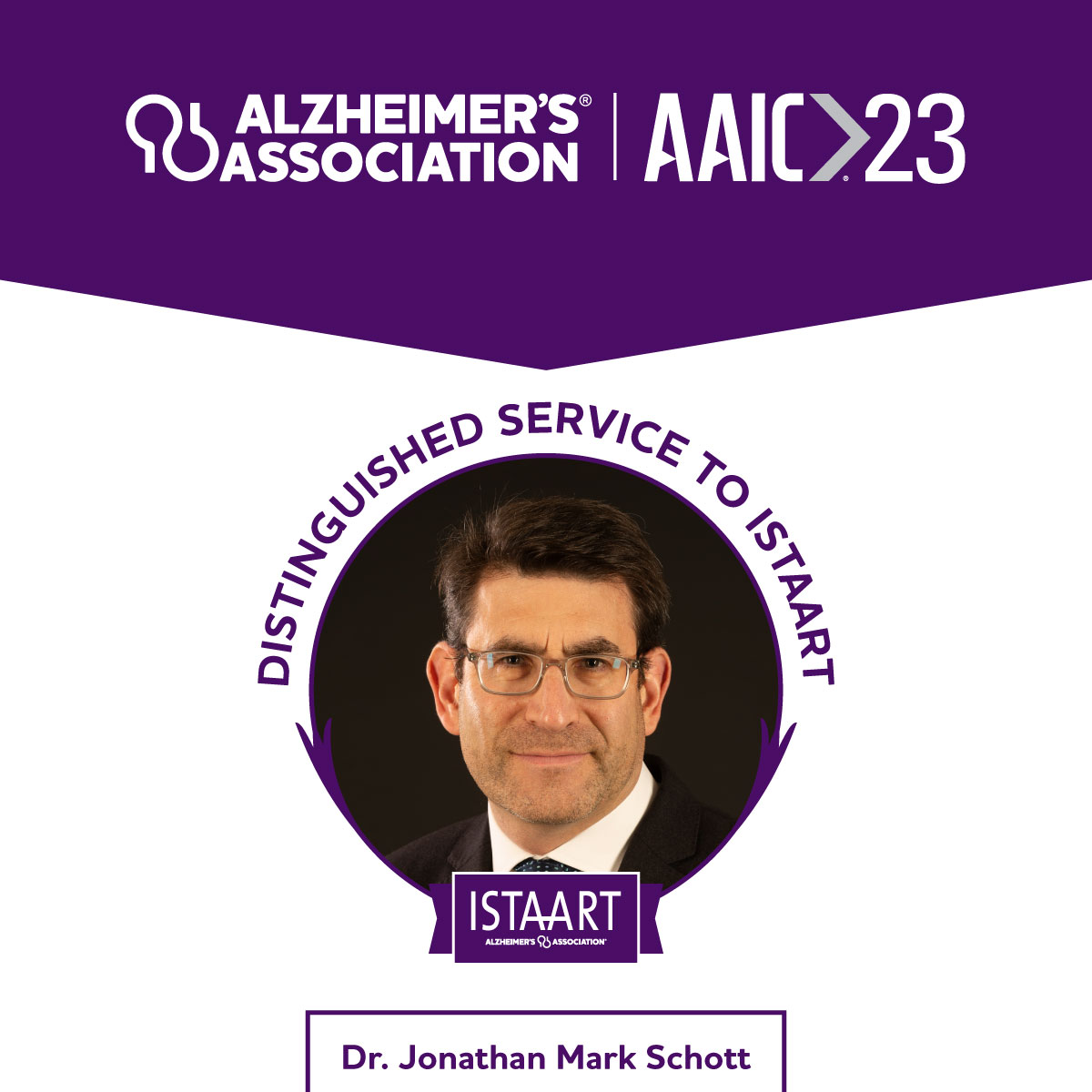Congratulations to @jmschott, the recipient of the #AAIC23 Bill Thies Award for Distinguished Service to @ISTAART. This award recognizes a member who has provided outstanding service to the ISTAART community.