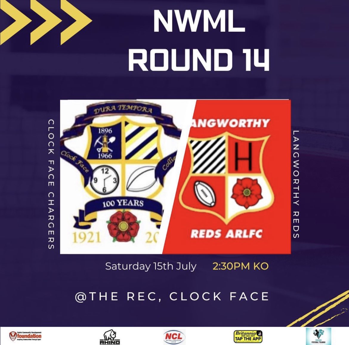 GAMEDAY🏉🏉🏉
Our Clock Face Chargers are in action today as we face Langworthy at Clock Rec. Come on down and cheer the lads on. Come on You Chargers💪🏼#COYC #CFM

Clock Chargers
NWML Division 3
🆚 @LangworthyReds 
🏟 Clock Rec
🕒 2.30pm
#COYC #CFM

@Rhino_RL 
@BritanniaTaxis_