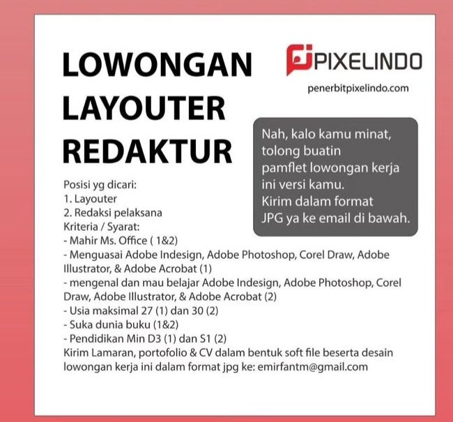 dion_yulianto's tweet photo. Silakan Kak, yang tertarik berkarya di dunia penerbitan.
#Lowongan
#Redaktur
#Layouter
#Jogja
#Inhouse
#penerbitbuku https://t.co/8xuVBPilUs