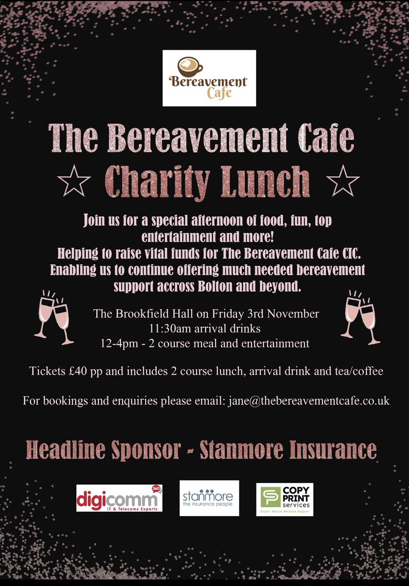 Charity Lunch In Bolton raising much needed funds for @grieflosscafe. We have so much fun lined up to entertain you from the minute you walk in,hope you can join us‼️ Please DM to reserve your tickets #bolton #Grief #bereavementsupport @BoltonNews4u