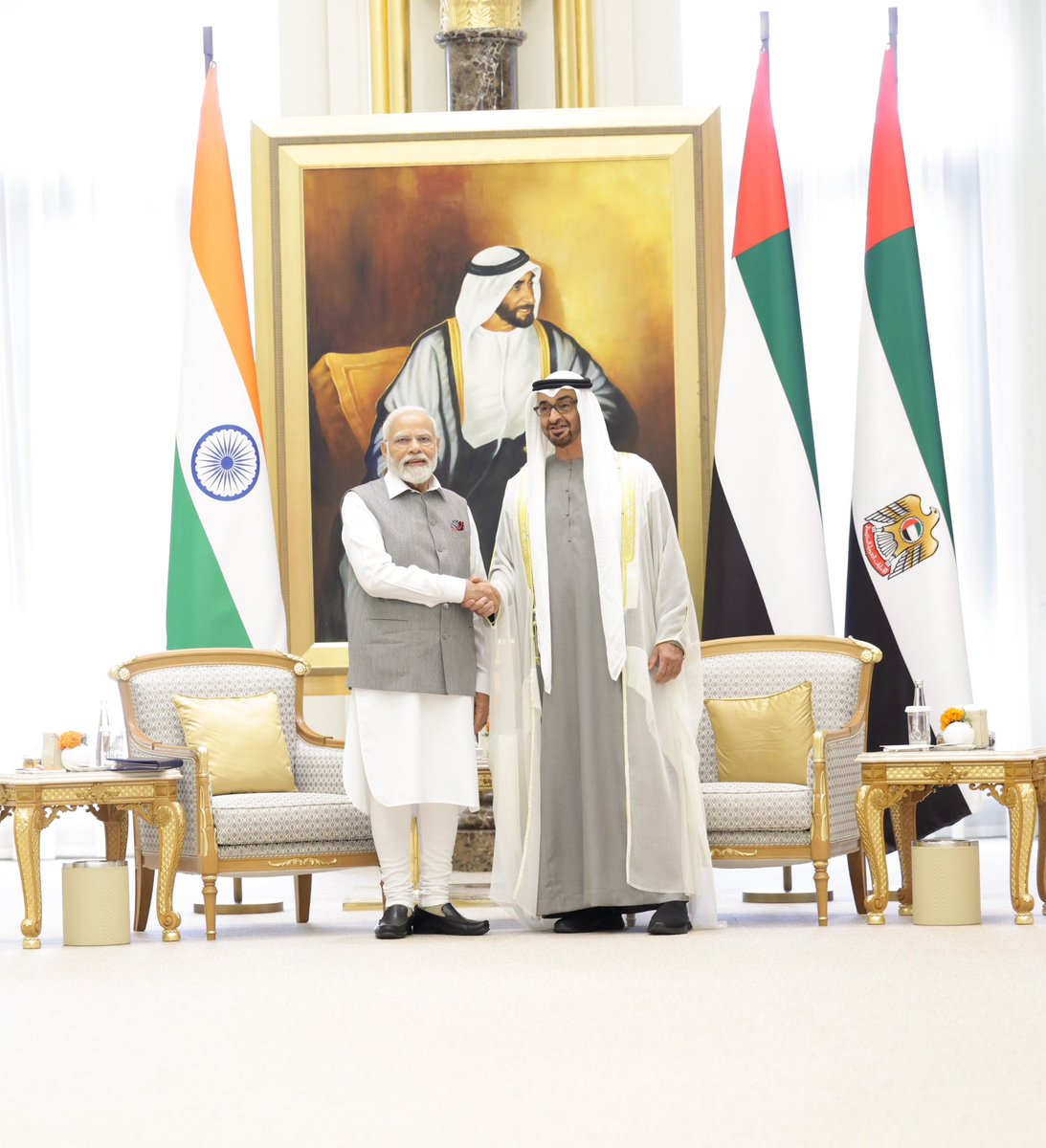 narendramodi's tweet photo. It is always gladdening to meet HH Sheikh Mohamed bin Zayed Al Nahyan. His energy and vision for development are admirable. We discussed the full range of India-UAE ties including ways to boost cultural and economic ties. 
@MohamedBinZayed https://t.co/XCBWW8cP38