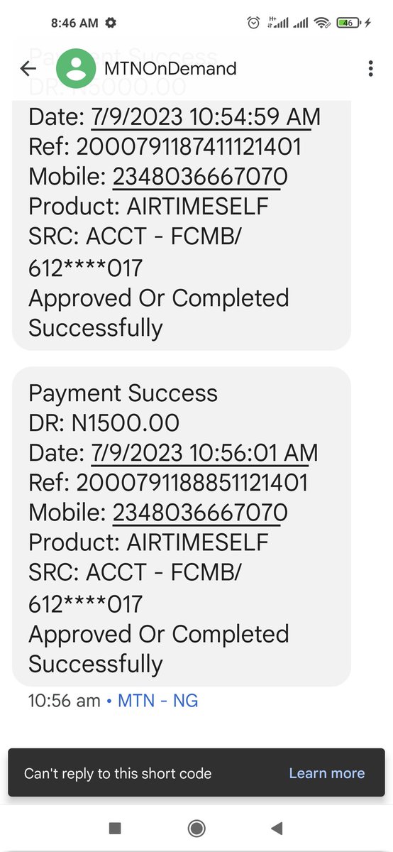cyrusojohnson's tweet photo. @MTN180 It's been since 7 days now and your Your Network hasn't been been able to solve this problem. Too bad!! 
The Amount is 6,500 for both transactions, 5000 &amp; 1500 respectively https://t.co/djizNQVjtO