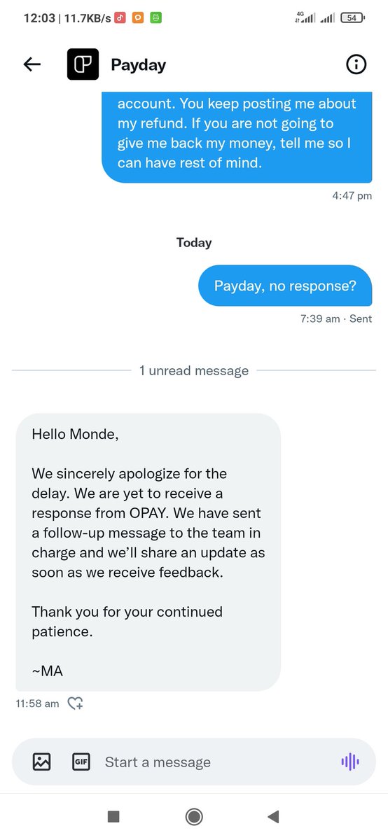 Meetmonde's tweet photo. @ourpaydayHQ Same messages and same excuse. As far as I am concerned, @ourpaydayHQ are nothing but thieving thieves and in connivance with @OPay_NG . See screenshots from the both of you. You keep turning me up and down. I have brought the two of you here now, reply each other and solve it https://t.co/oJWmjjUvpM
