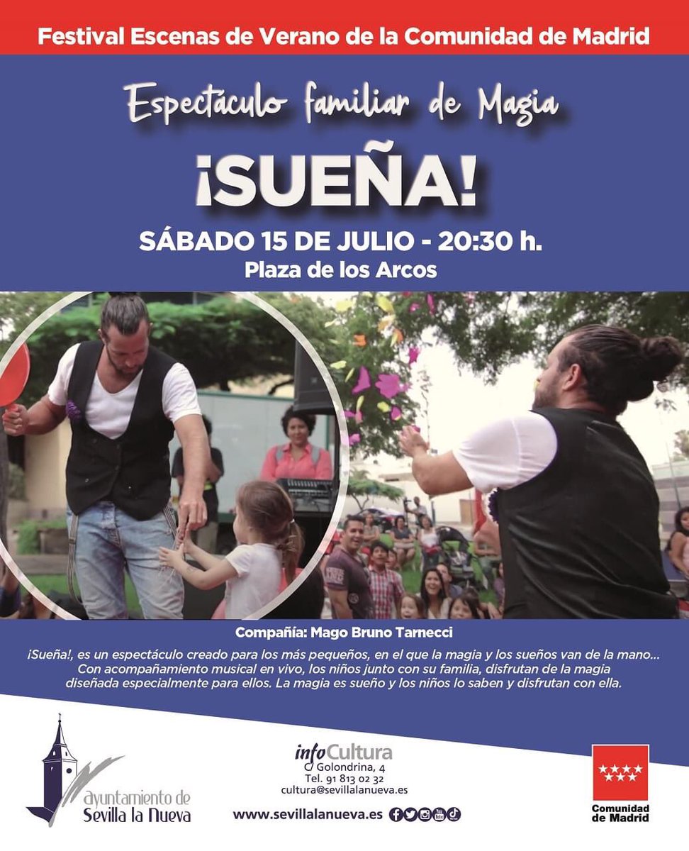 asensiomar's tweet photo. 🧙‍♂️ Hoy, sábado 15 de julio disfruta, del programa *Escenas de Verano* 🌞de la @ComunidadMadrid 🔴, del Espectáculo de #MAGIA: Sueña💭
✨Déjate sorprender por este espectáculo familiar 👨‍👩‍👧‍👦 con acompañamiento musical en vivo:
📆 Sábado, 15 de julio
⏰ 20:30h
📍 Plaza de los Arcos https://t.co/p5XiEDSy4B