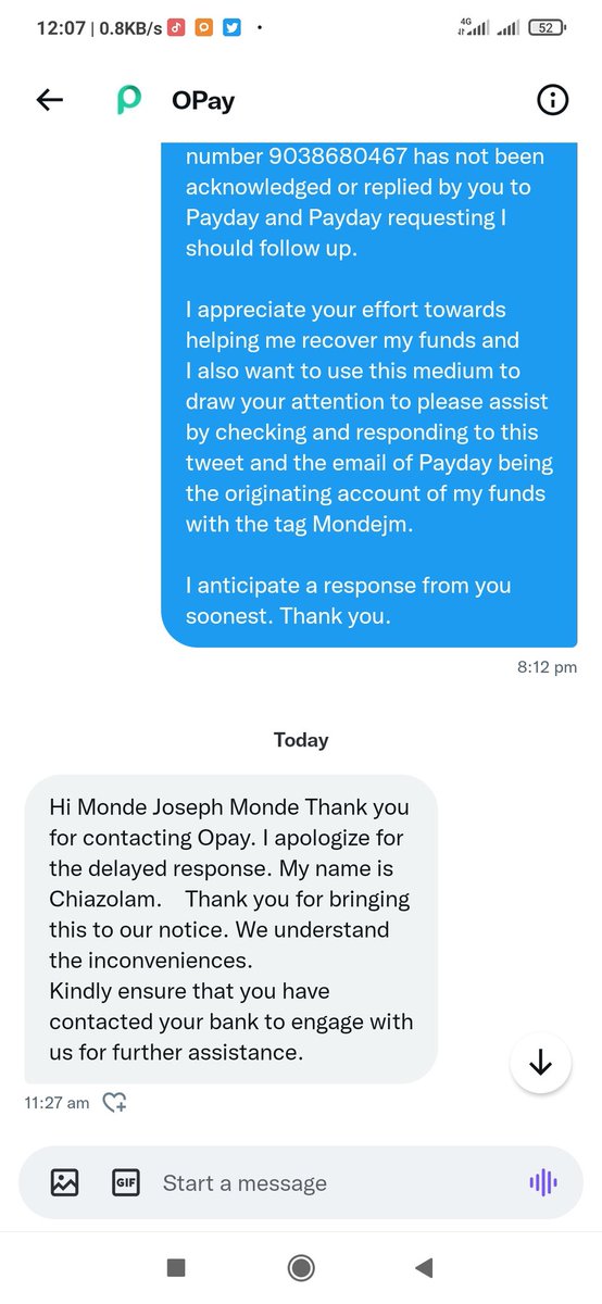 Meetmonde's tweet photo. @ourpaydayHQ Same messages and same excuse. As far as I am concerned, @ourpaydayHQ are nothing but thieving thieves and in connivance with @OPay_NG . See screenshots from the both of you. You keep turning me up and down. I have brought the two of you here now, reply each other and solve it https://t.co/oJWmjjUvpM