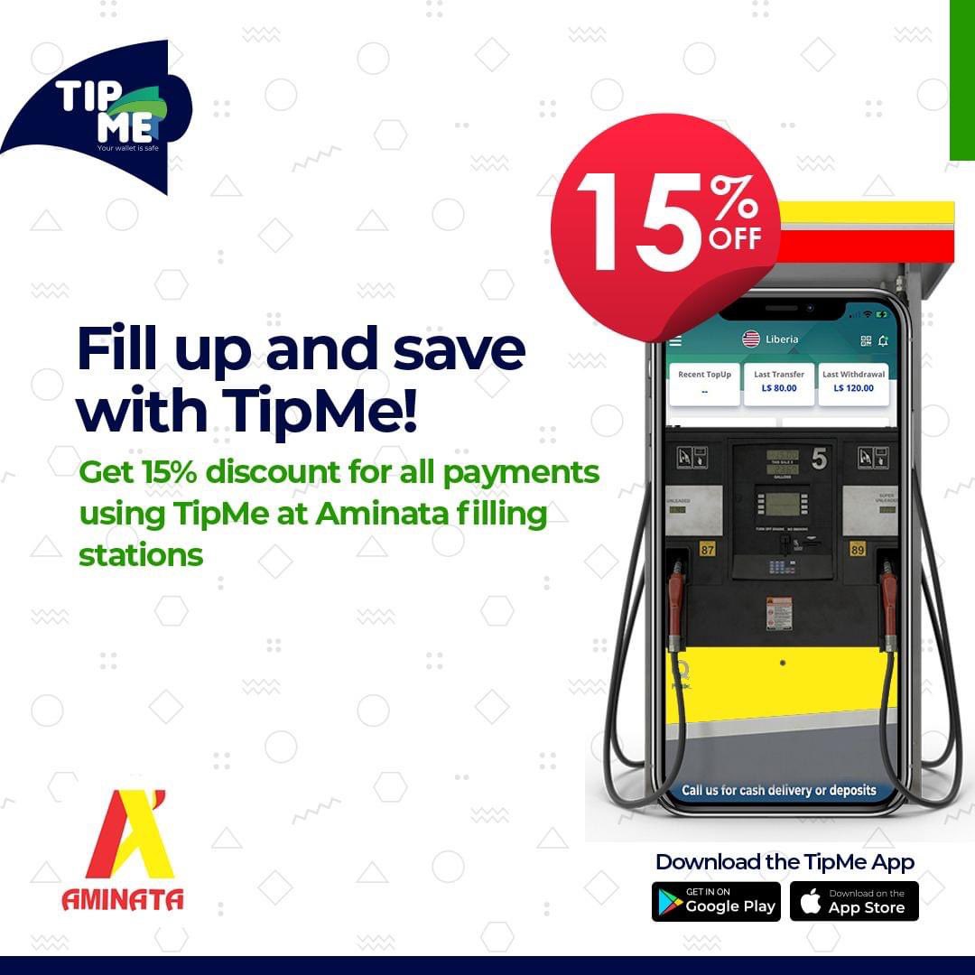 MCCAROOFFICIAL's tweet photo. From now until the end of the month, pay for your gas at any Aminata station and receive a 15% discount with TipMe!
**valid for transactions up to $100
#TipMeLiberia #YourWalletIsSafe #July26 #digitalpayments https://t.co/eBcWxiAE5z