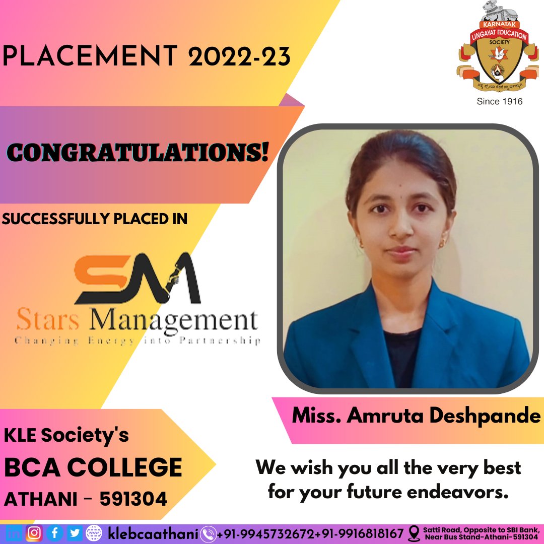AthaniBca's tweet photo. HEARTIEST CONGRATULATIONS
                       💐💐💐💐💐💐💐
                         Amruta Deshpande
                     For Getting Selected to
                                  SM Stars Management
We wish you all the very best for your future endeavors.
KLE BCA Athani https://t.co/TGCaKYJmbZ
