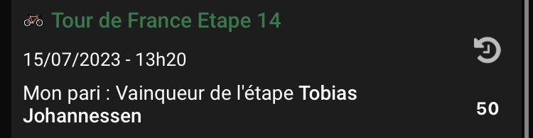 🚧 Etape 14 #TDF2023     🚧

Scénario GC 

🚵🏼‍♂️ Jonas - 7 

Scénario échappée 

🚵🏼‍♂️ Ciccone - 20
🚵🏼‍♂️ Jorgenson - 35
🚵🏼‍♂️ THJ - 50

Adaptez vos mises pour assurer du benef dans n’importe quel scénario 

Good luck all 🔥

#TeamParieur