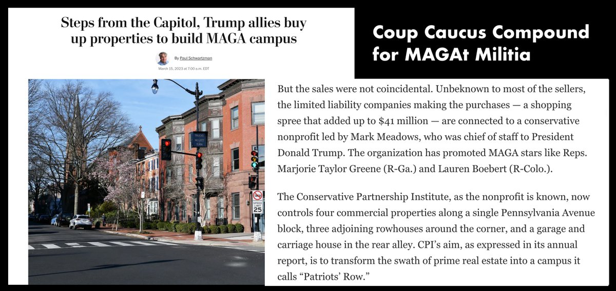 @ericgarland which reminds me; anyone observing 'developments' at 'Patriots Row' CoupCaucusCompound recently purchased by TrumpTraitors Meadows/Gaetz/Greene et al in the heart of DC, just steps from OUR FRICKIN' CAPITOL?

 NO doubt plotting+arms stock-piling for
Insurrection #2 is underway