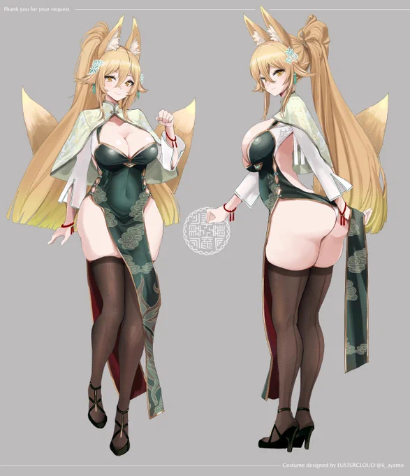 【衣装資料用】翠燐さんチャイナドレス〘ayamo style〙左:正装右:肩周り(ケープ無し)資料※白い袖は薄生地でうっすらシースルーです※アヤモ()先生にご依頼しました。※skebコミッションの作品です。無断使用・転載・AI学習お断り  