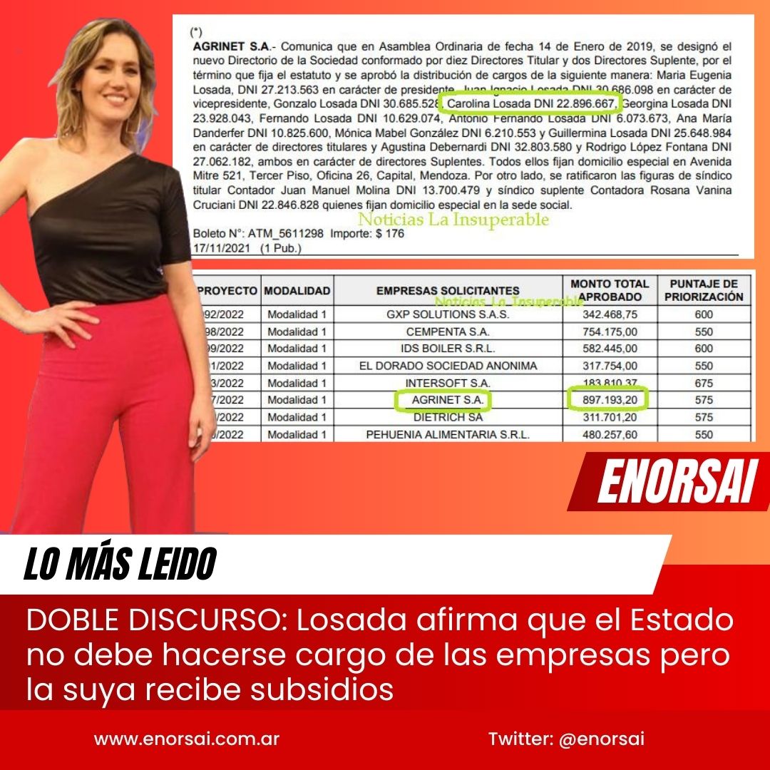 EnOrsai's tweet photo. DOBLE DISCURSO
Losada afirma que el Estado no debe hacerse cargo de las empresas pero la suya recibe subsidios
#SantaFe #Elecciones2023 #politica #Noticias 
https://t.co/qNyVp9mpGJ https://t.co/E4UHng0MDc