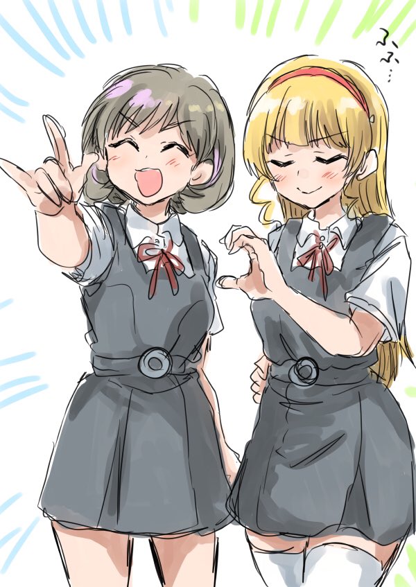 2girls multiple girls school uniform yuigaoka school uniform closed eyes blonde hair thighhighs  illustration images