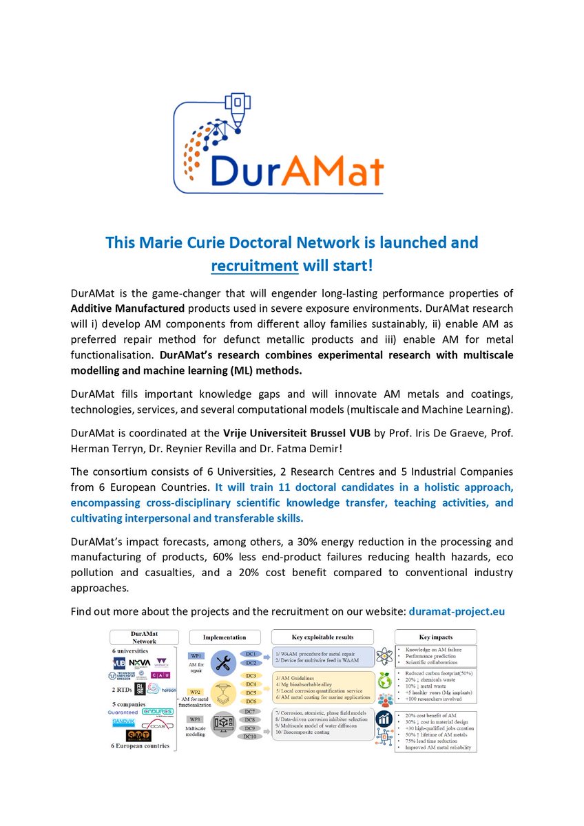 WE ARE HIRING! We are hiring 11 Phd students for EU-Marie Curie Doctoral Network Project DURAMAT which is coordinated by VUB, @surf_vub. Here is how to apply: duramat-project.be/recruitment/