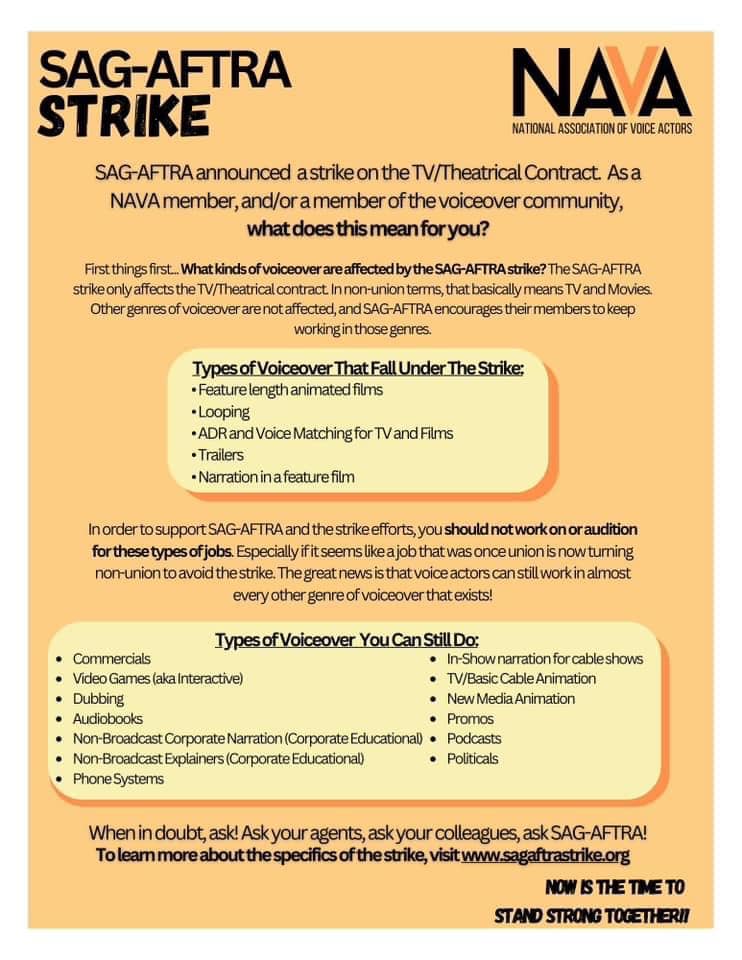 VOATLANTA's tweet image. Here’s a great one-sheet from NAVA about the strike and what areas of voiceover are impacted.
The good news is that most areas of VO are unaffected, especially those that everyday voice actors tend to earn in most.
That said, whether you’re union or non-union, what’s at stake…