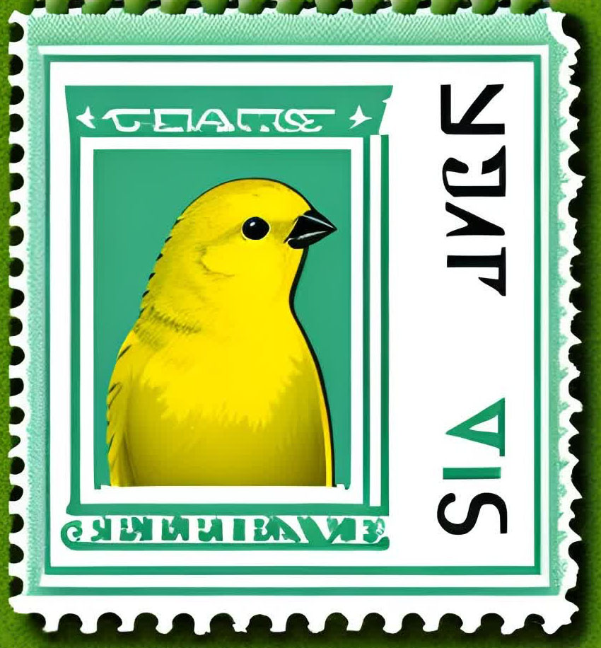 positivelypost's tweet photo. AI canary #stamp, perforations a bit rough and cryptic writing but nice canary! #stampcollecting #stamps #philately #aistamp #artificalintelligence https://t.co/sjtvK6FNPb