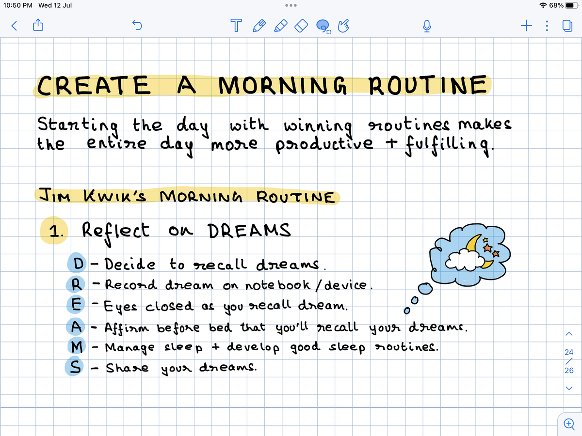VisActionNotes's tweet image. Importance of Morning Routine and #JimKwik framework of DREAMS to recall/reflect on your dreams and establish a healthy sleep routine from Chapter 9 of #LimitlessBook 

#VisualBookNotes
#VisualBookSummary
#VisualActionNotes
#morningroutines☀️ 
#NotabilityApp
#Ship30for30