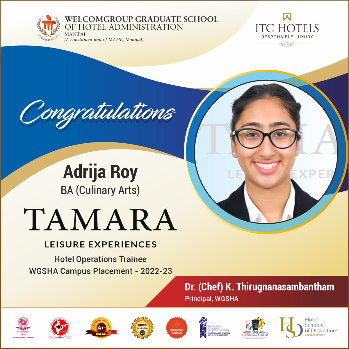 WManipal's tweet photo. #placementCongratulations Ms. Adrija Roy on her successful placement as Hotel Operations Trainee at #TAMARAleisureExperiences
@ThiruChef @MAHE_Manipal @itchotels @ITCCorpCom
#hotelmanagement #culinaryarts #courses #WHSHA #MAHE #Placement2023 https://t.co/iCs1uIMtKF
