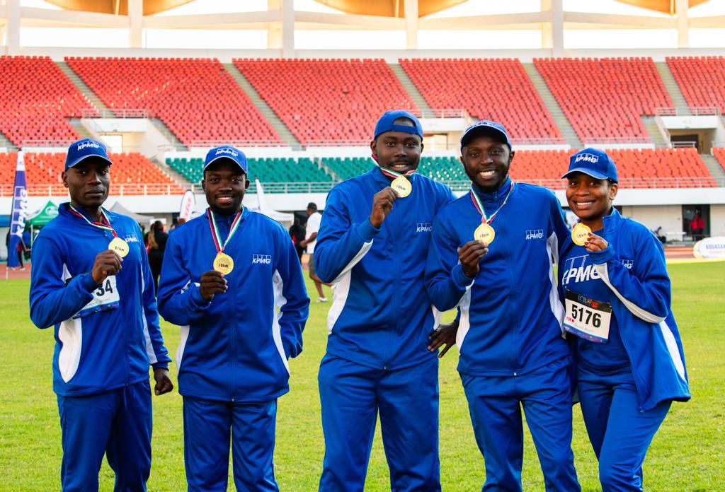 KPMGZambia's tweet photo. KPMG staff celebrating their medals at the 23rd inter company relay.
#KPMG #IntercompanyRelay https://t.co/TnDHHDzSIb